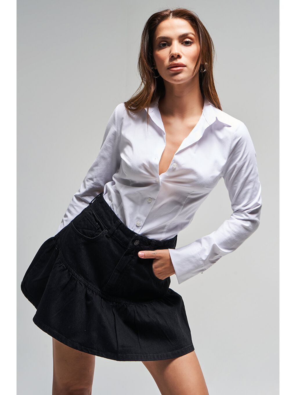 Kadın Beyaz Renk S5-2 Esnek Kumaş Slim Fit Belden Oturmalı %100 Pamuk Gömlek-3