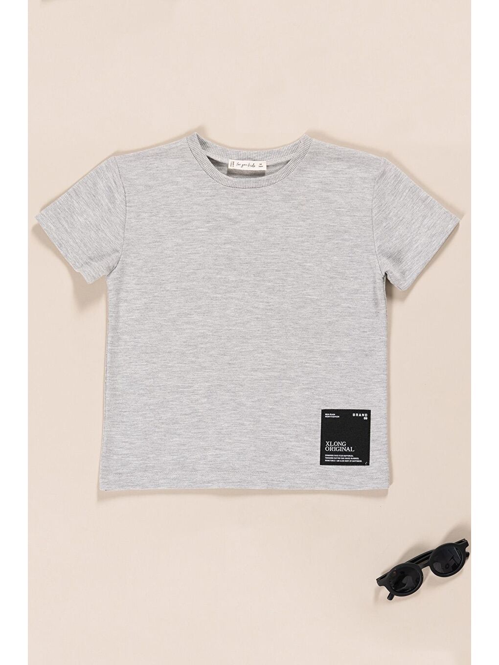 Geniş Etiket Detaylı Erkek Çocuk T-Shirt Şort Takım | Gri-1