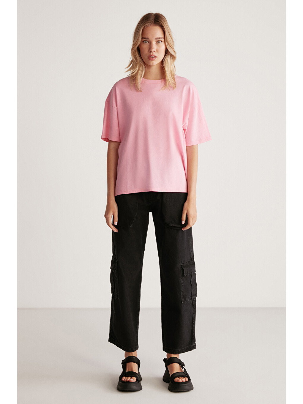 Pembe Jemmy Kadın %100 Organik Pamuk Relaxed Fit Yırtmaçlı Yuvarlak Yakalı AÇIK PEMBE T-Shirt-4