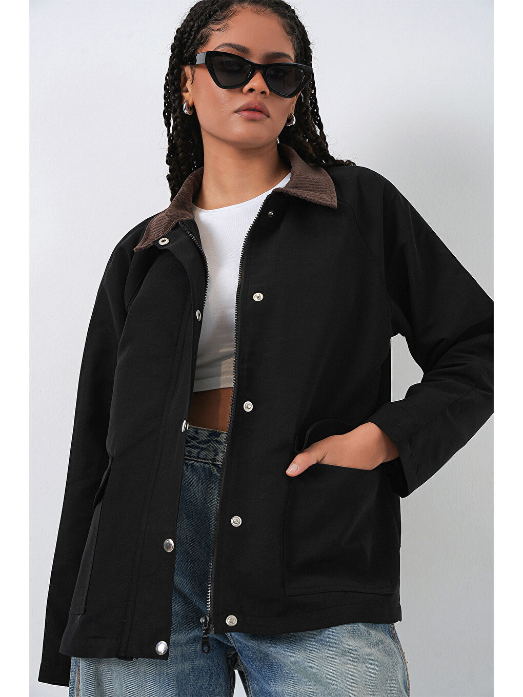 Kadın Cep Detaylı Oversize Ceket 5973 - Siyah-3