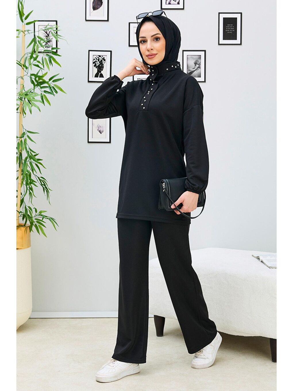 Hakim Yaka Kadın Siyah Tunik+Pantolon - 11338