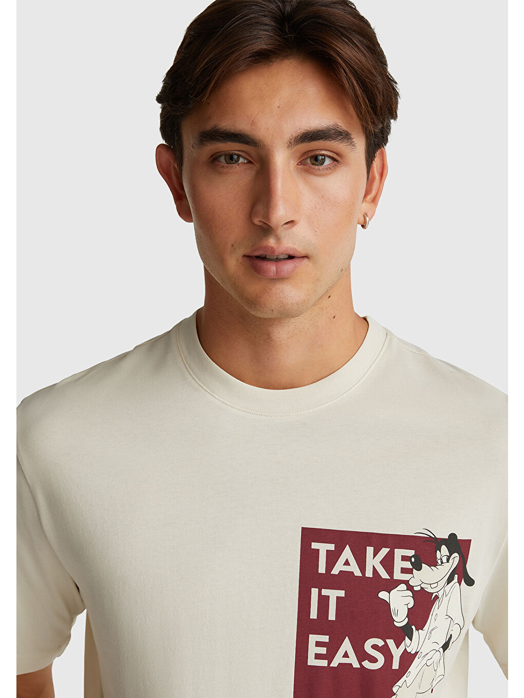 Ekru Erkek Krem %100 Pamuk Disney Baskılı T-Shirt-5