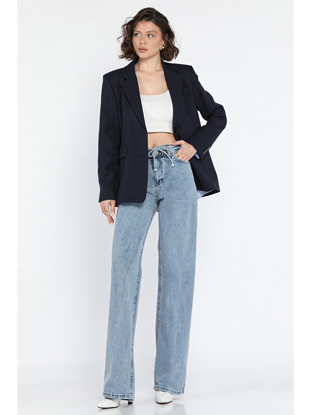 Mavi Bel Bağlamalı Bol Paça Kadın Jean Pantolon