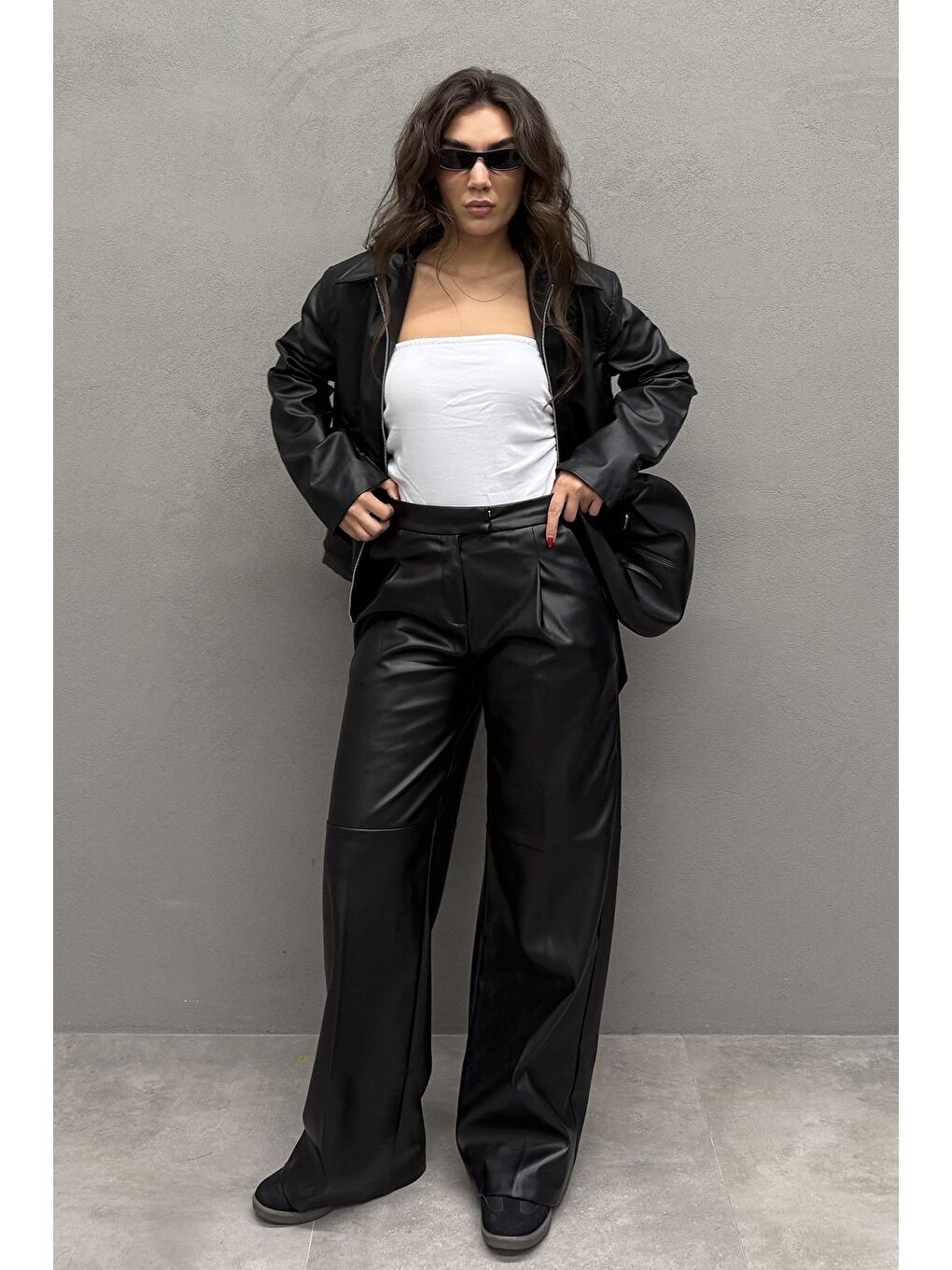 Siyah Pensli Palazzo Kadın Deri Pantolon Mg2612-1