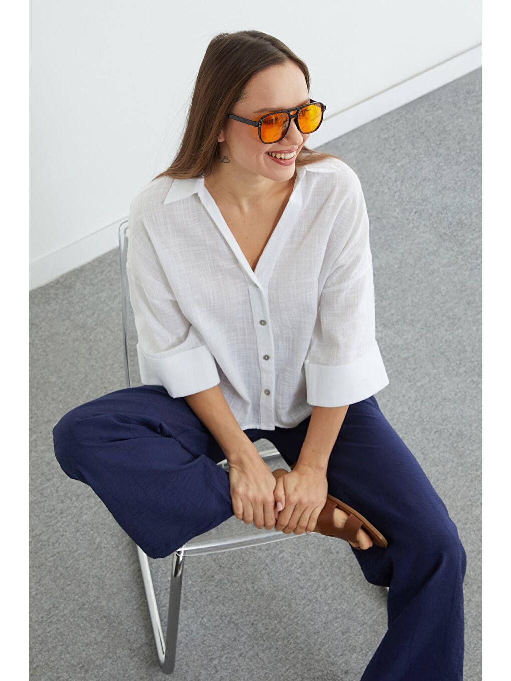 Beyaz Keten Görünümlü Kapri Kol Gömlek