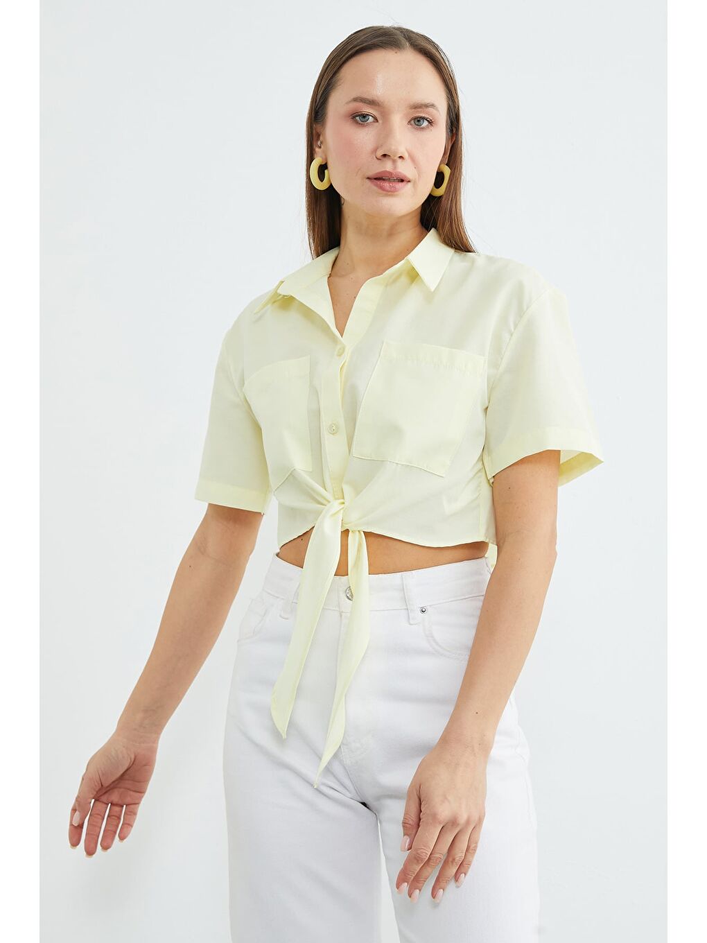 Sarı Önü Bağlamalı Çift Cepli Crop Gömlek-2