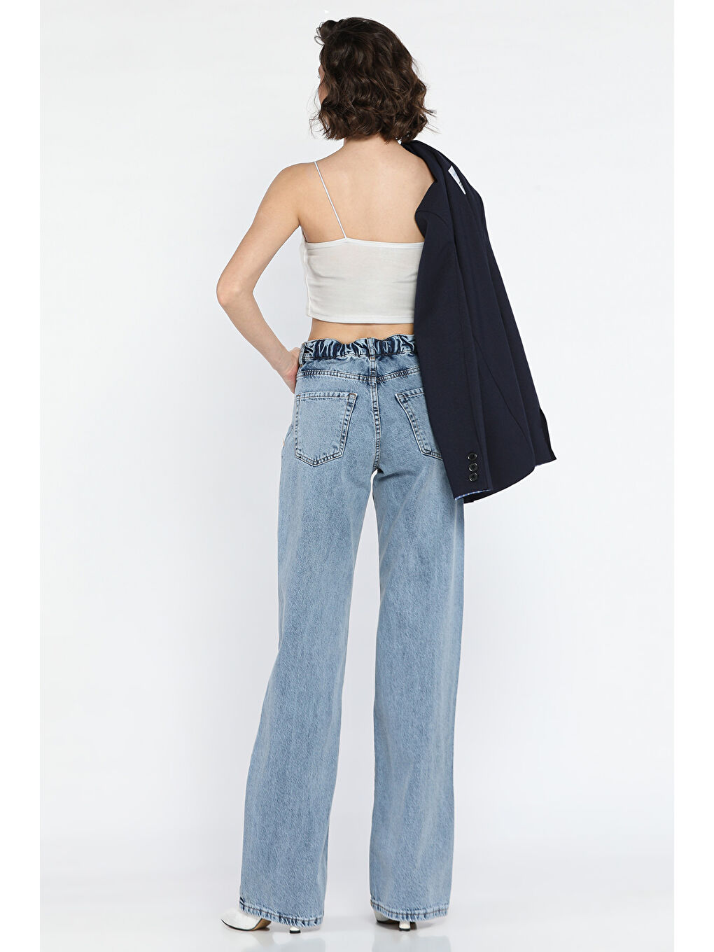 Mavi Bel Bağlamalı Bol Paça Kadın Jean Pantolon-2