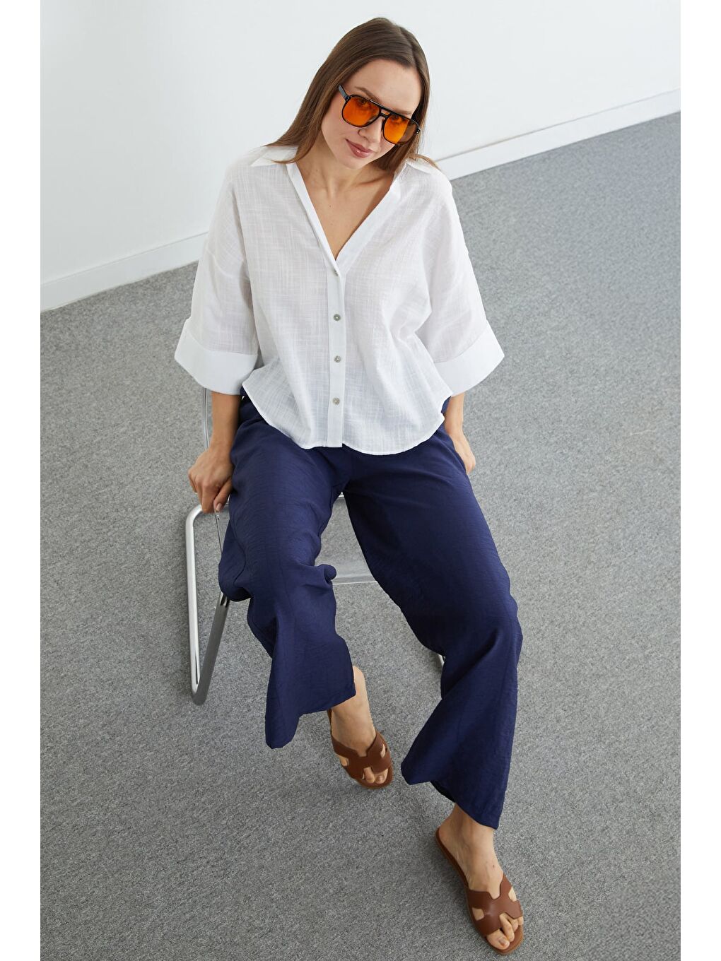 Beyaz Keten Görünümlü Kapri Kol Gömlek-1