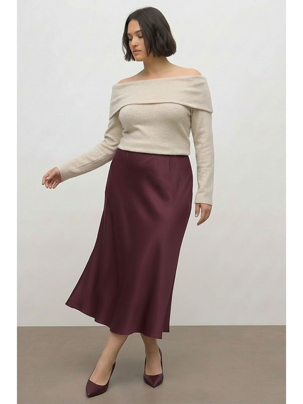 Bordo Saten Midi Etek-4