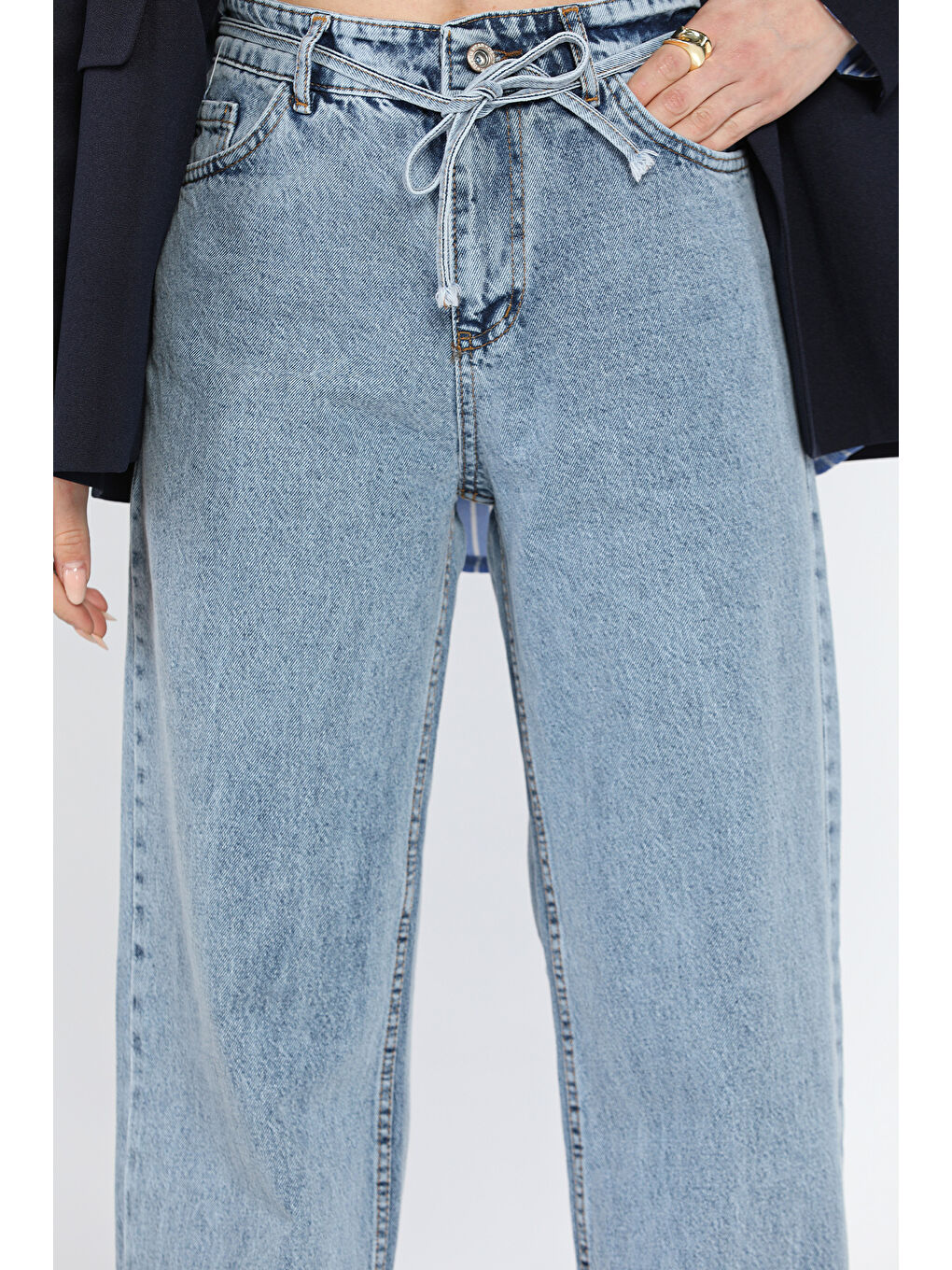 Mavi Bel Bağlamalı Bol Paça Kadın Jean Pantolon-3