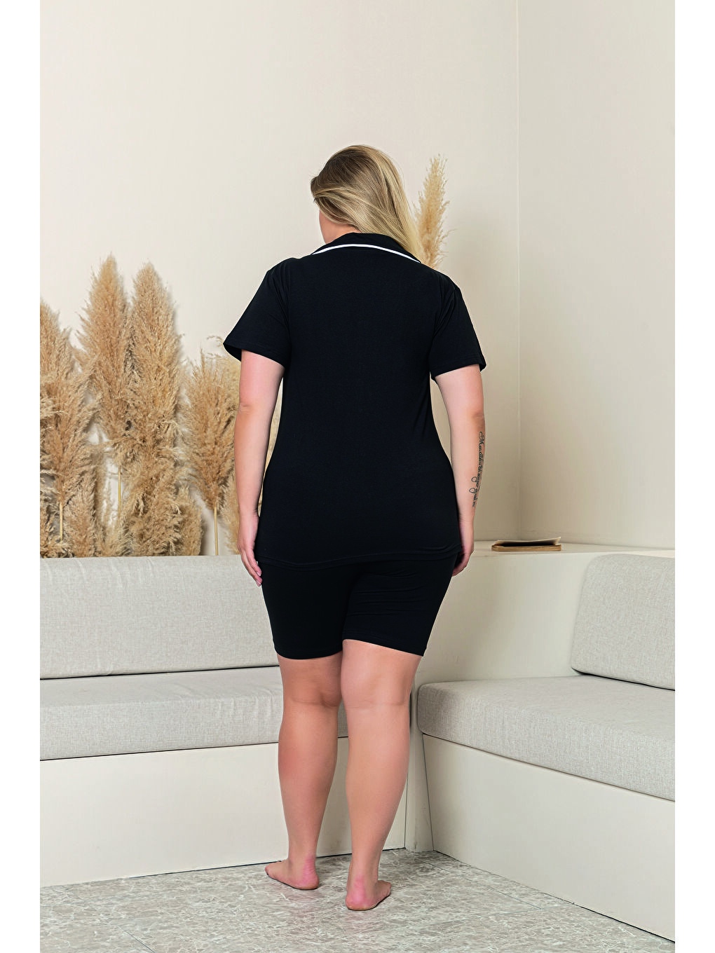 Siyah Kadın %100 Organik Pamuk Doğal Gömlek Yaka Düğmeli Kısa Kollu Biyeli Şortlu Battal Pijama Takımı-2