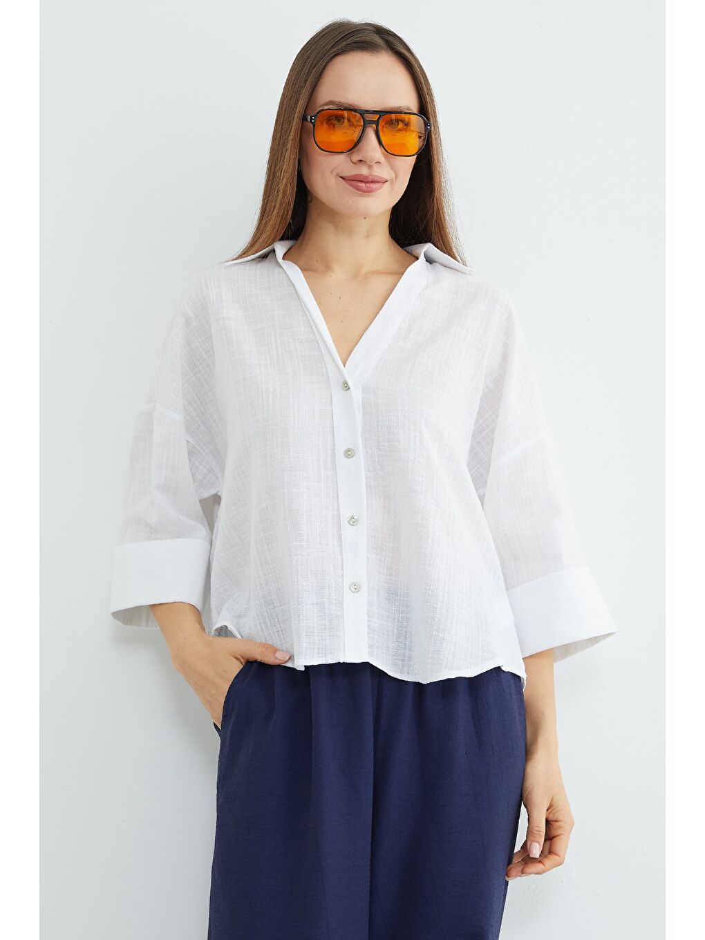 Beyaz Keten Görünümlü Kapri Kol Gömlek-2