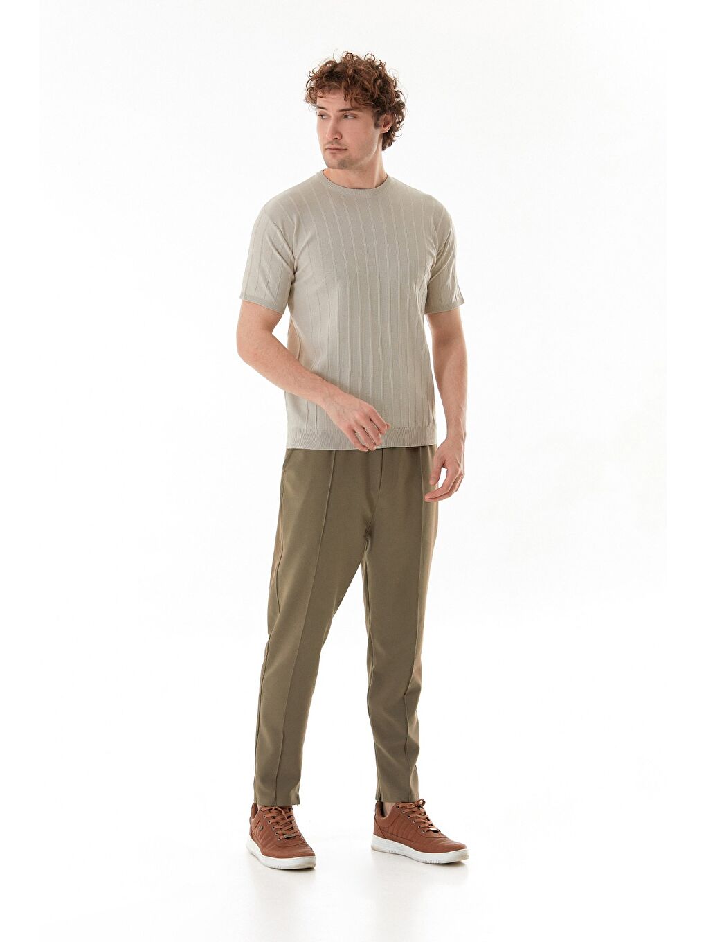 Bej Şeritli Bisiklet Yaka Triko Tişört-1