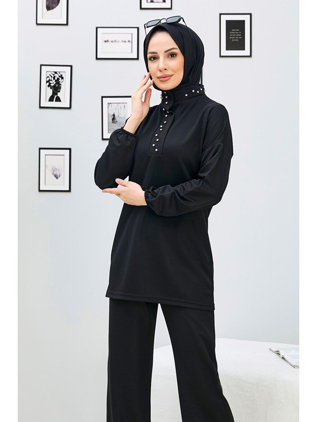 Hakim Yaka Kadın Siyah Tunik+Pantolon - 11338-1