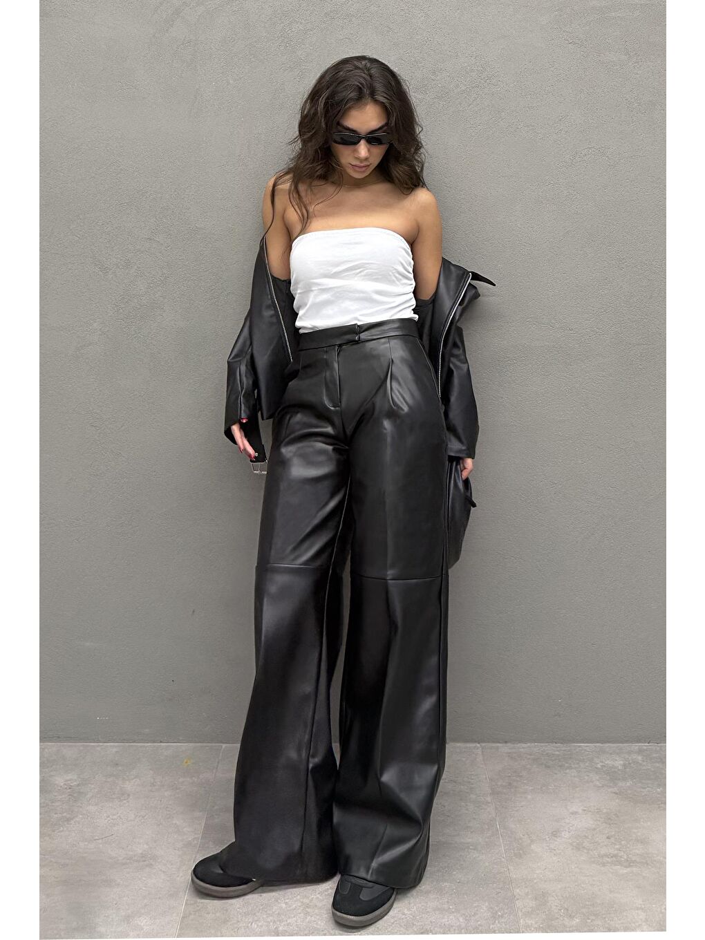 Siyah Pensli Palazzo Kadın Deri Pantolon Mg2612-2