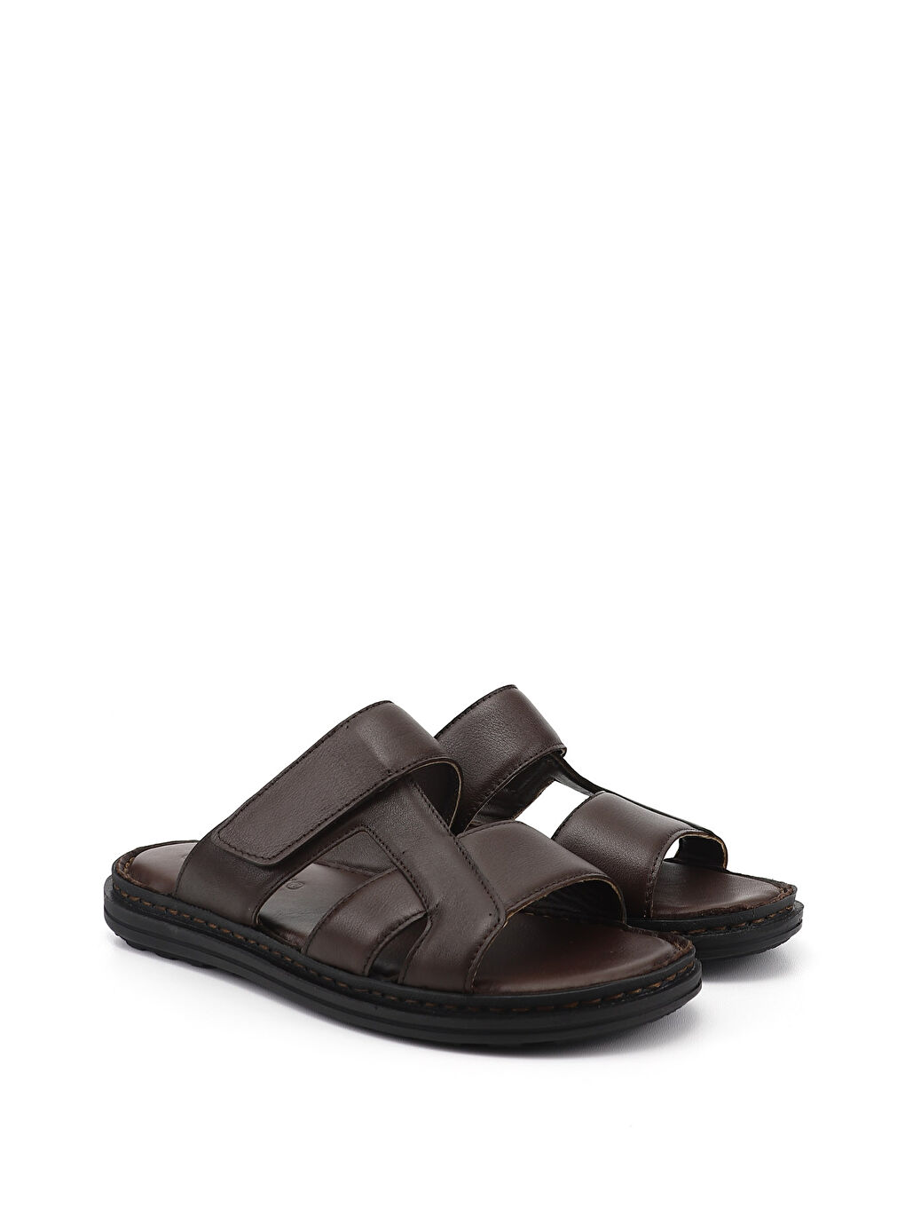 Kahverengi Erkek KAHVERENGİ Cırt Bantlı Hakiki Deri Terlik-1