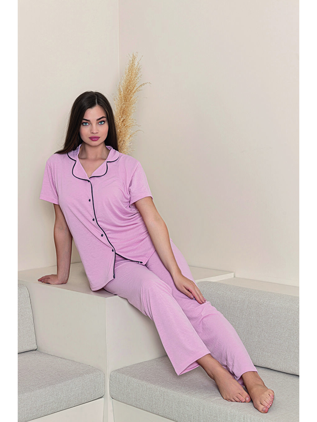 Pembe Kadın %100 Organik Pamuk Doğal Gömlek Yaka Düğmeli Kısa Kollu Biyeli Pijama Takımı