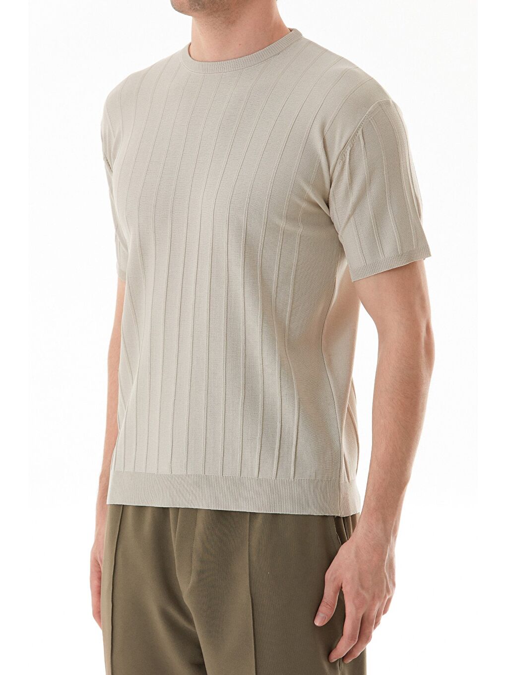 Bej Şeritli Bisiklet Yaka Triko Tişört-3