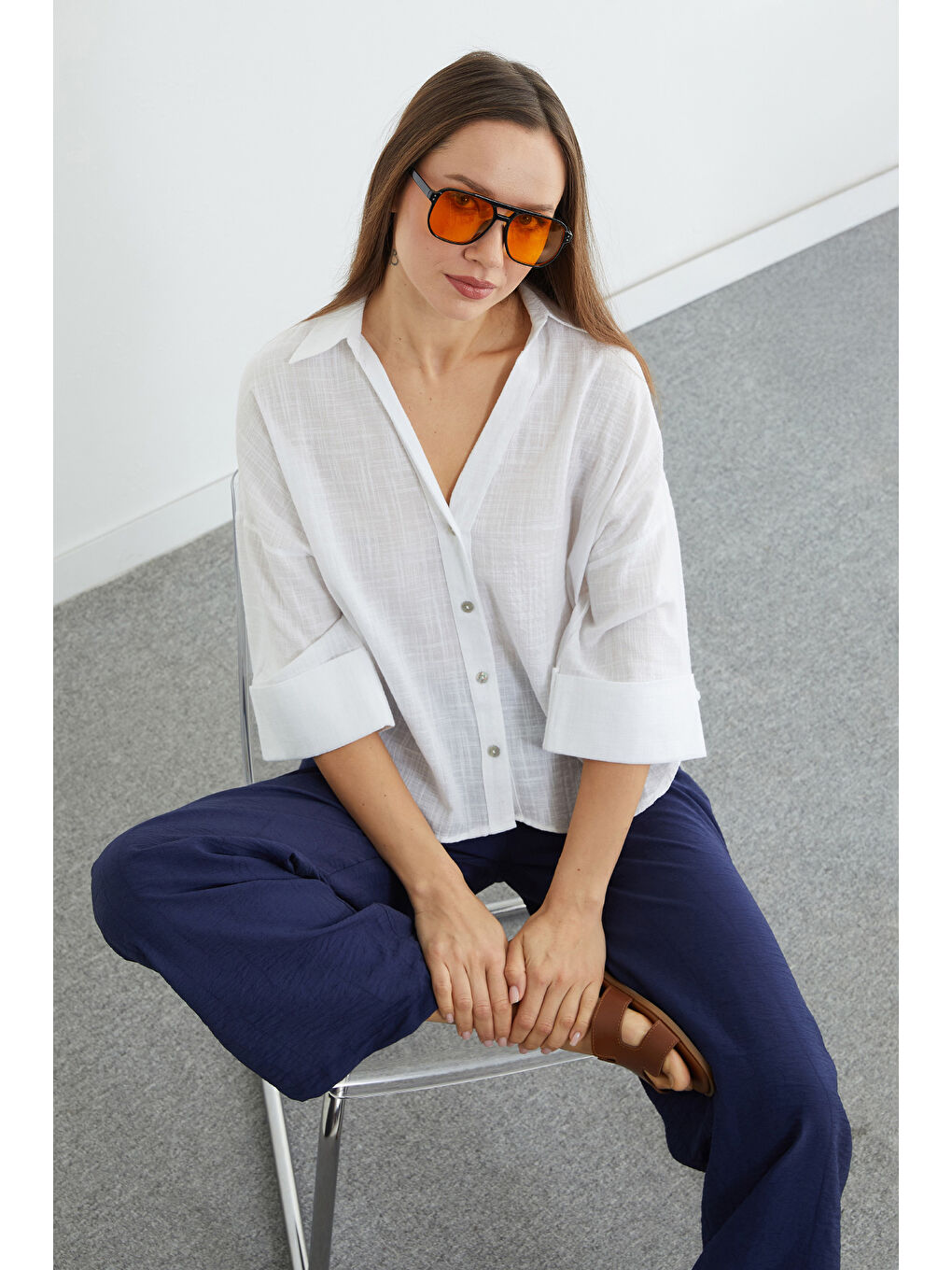 Beyaz Keten Görünümlü Kapri Kol Gömlek-4