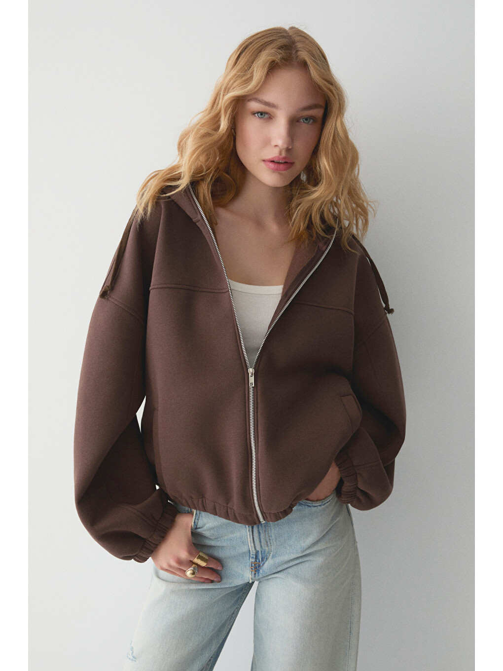 Valıt Kadın Çift Cepli Eteği Ve Kol Ucu Lastikli Fermuarlı Oversize Kahverengi Sweatshirt-1