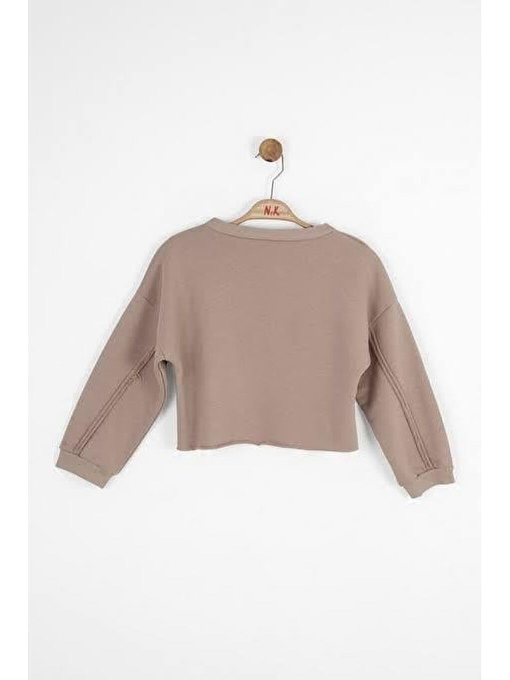 Kız Çocuk Pamuklu Bej Dikiş Detaylı Crop Sweatshirt-1