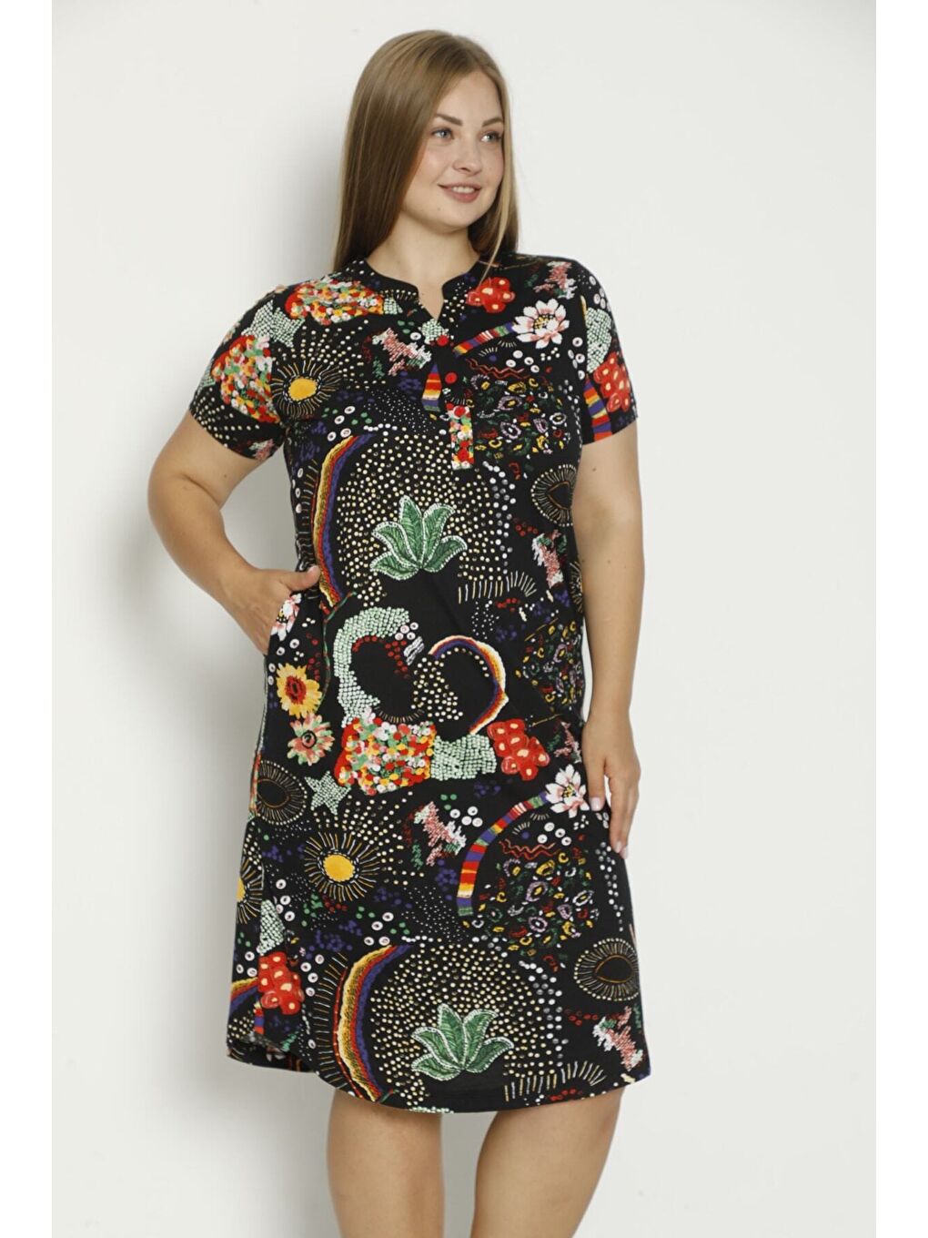 Siyah Kadın Kısa Kollu Cepli Düğmeli Büyük Beden Penye Modal Pamuklu Elbise-1