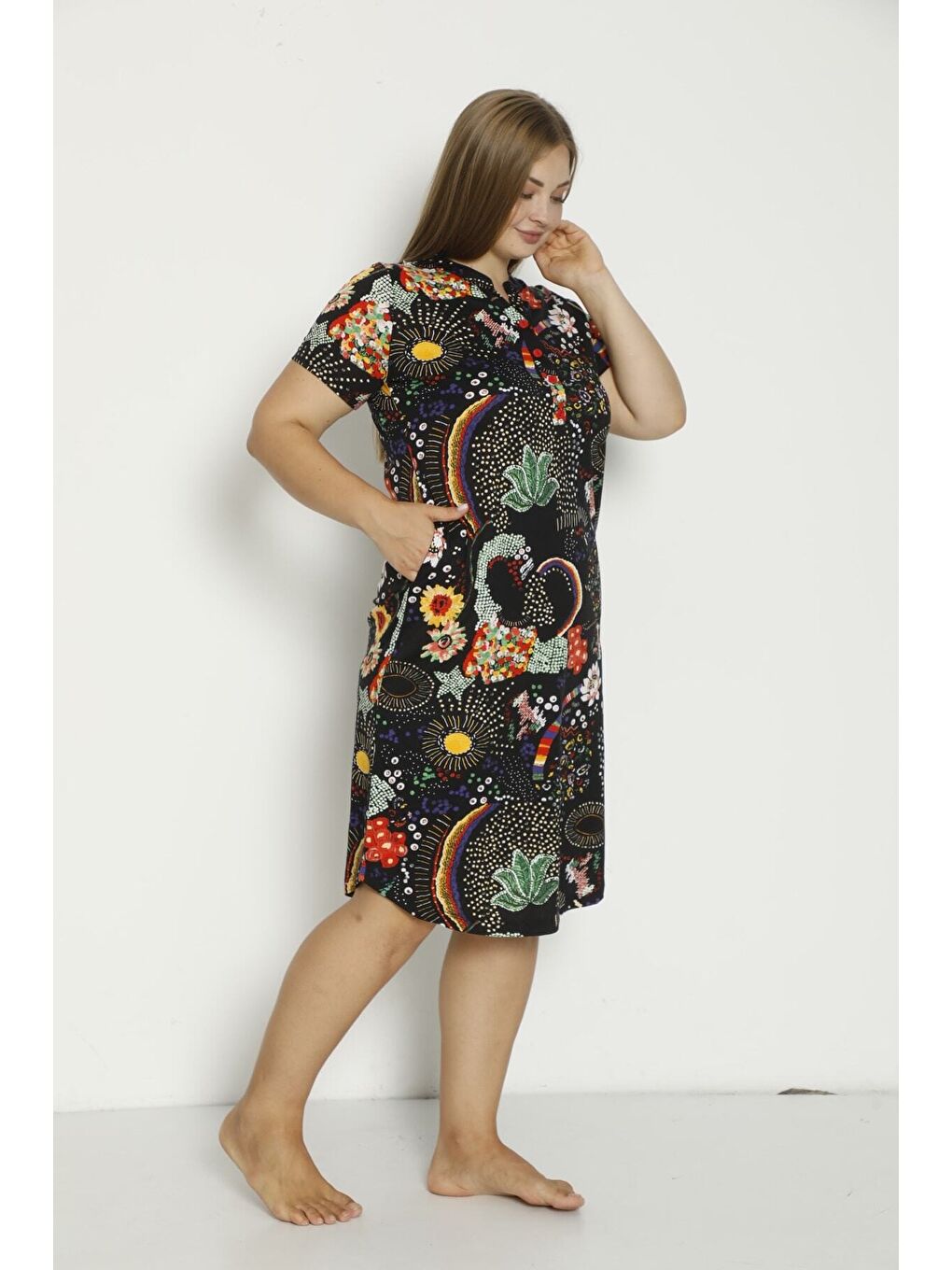 Siyah Kadın Kısa Kollu Cepli Düğmeli Büyük Beden Penye Modal Pamuklu Elbise-2