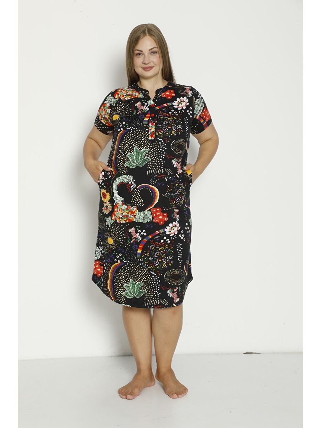 Siyah Kadın Kısa Kollu Cepli Düğmeli Büyük Beden Penye Modal Pamuklu Elbise-3