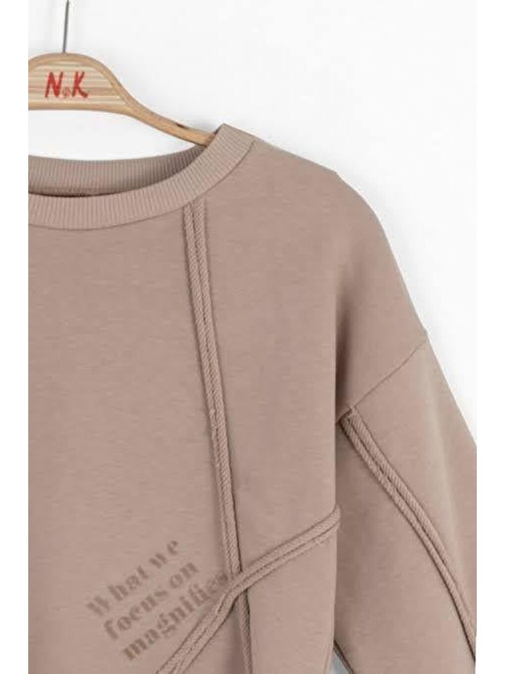 Kız Çocuk Pamuklu Bej Dikiş Detaylı Crop Sweatshirt-2