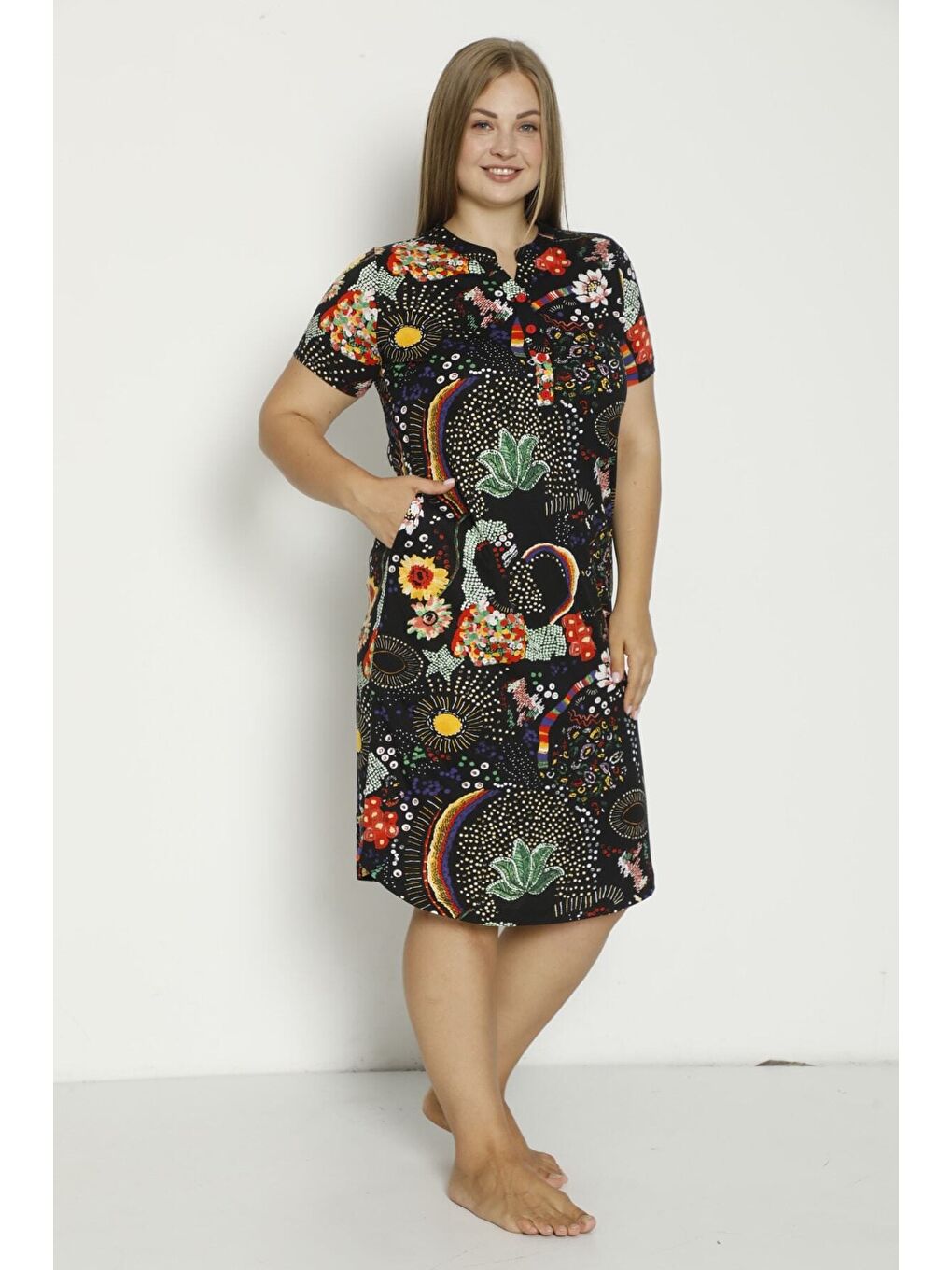 Siyah Kadın Kısa Kollu Cepli Düğmeli Büyük Beden Penye Modal Pamuklu Elbise-4