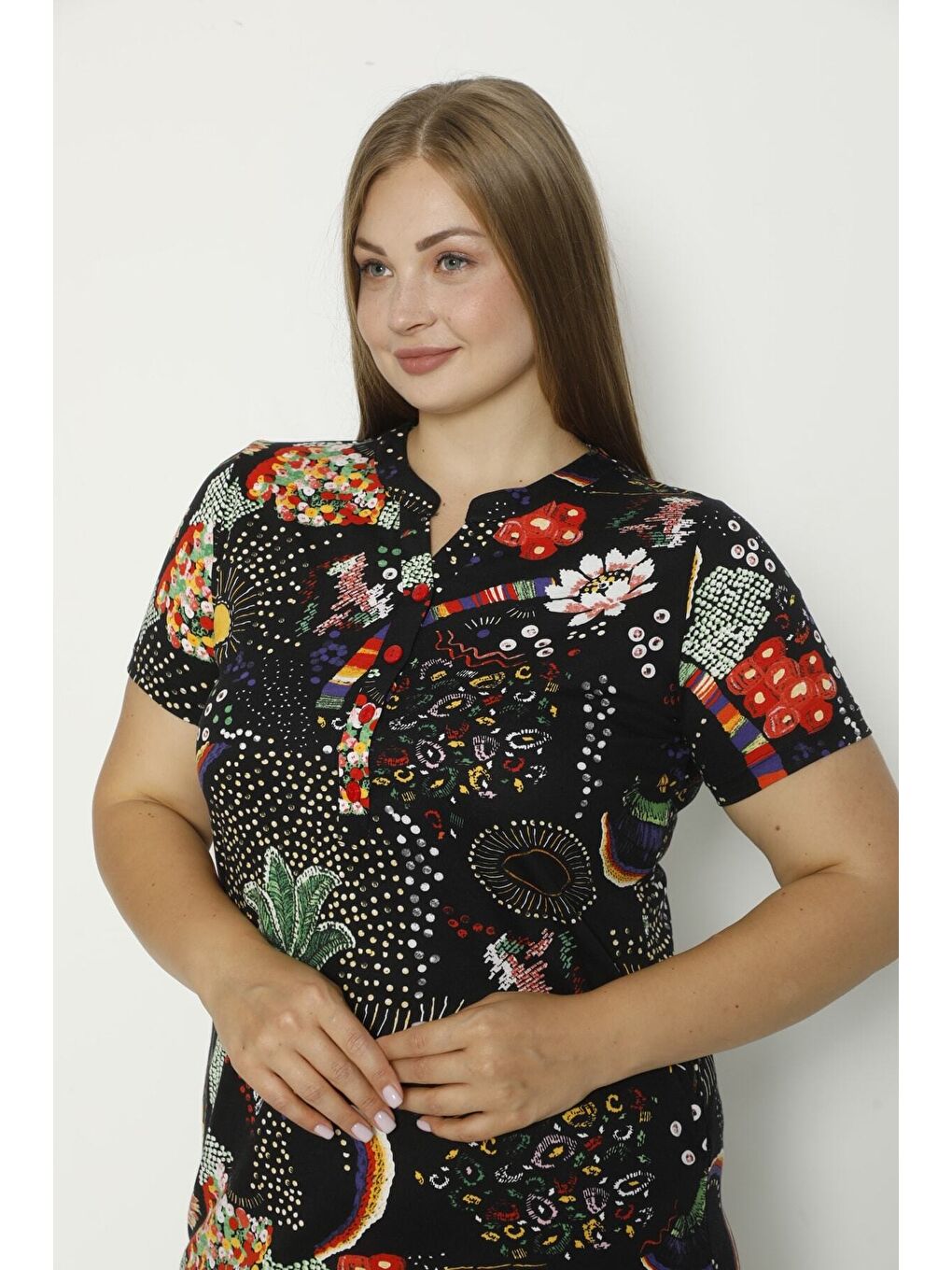 Siyah Kadın Kısa Kollu Cepli Düğmeli Büyük Beden Penye Modal Pamuklu Elbise-5