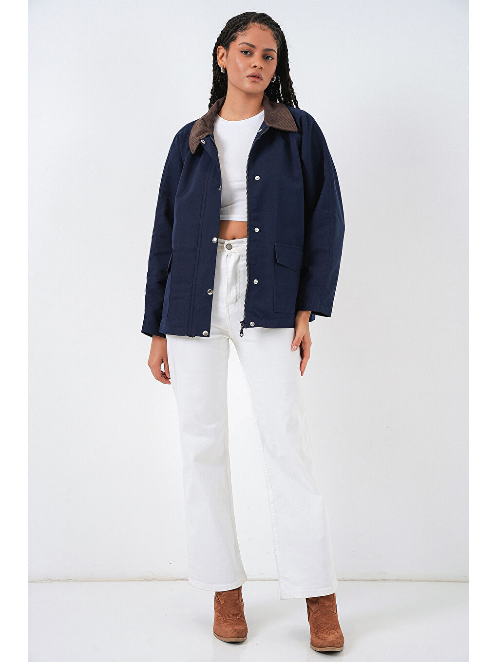 Kadın Cep Detaylı Oversize Ceket 5973 - Lacivert-1