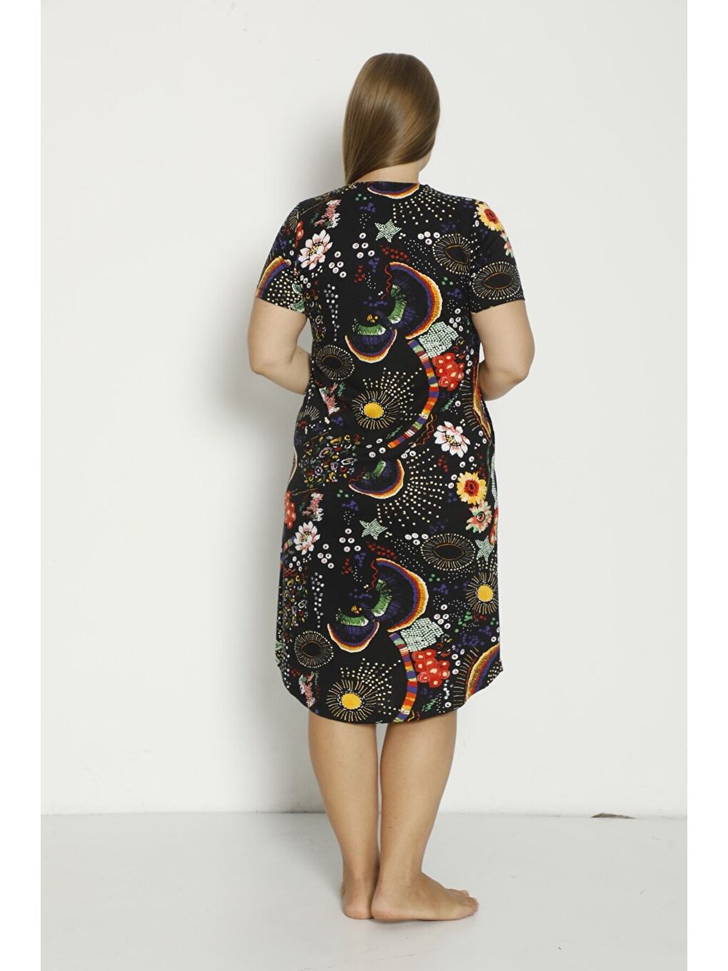 Siyah Kadın Kısa Kollu Cepli Düğmeli Büyük Beden Penye Modal Pamuklu Elbise-6