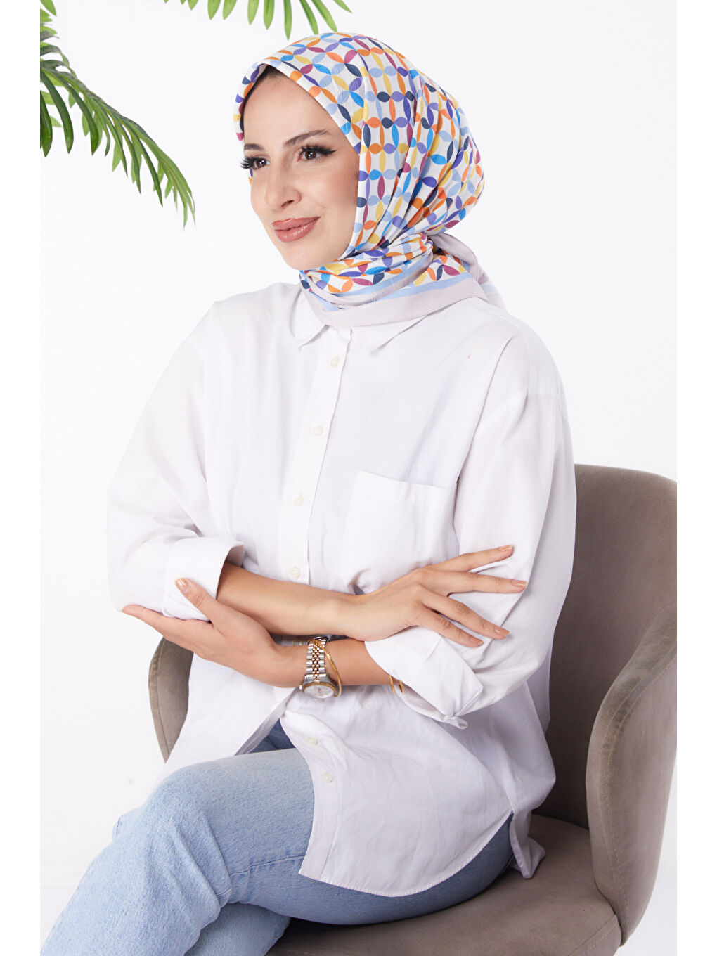 Pembe Desenli Eşarp Pudra - 26155-1