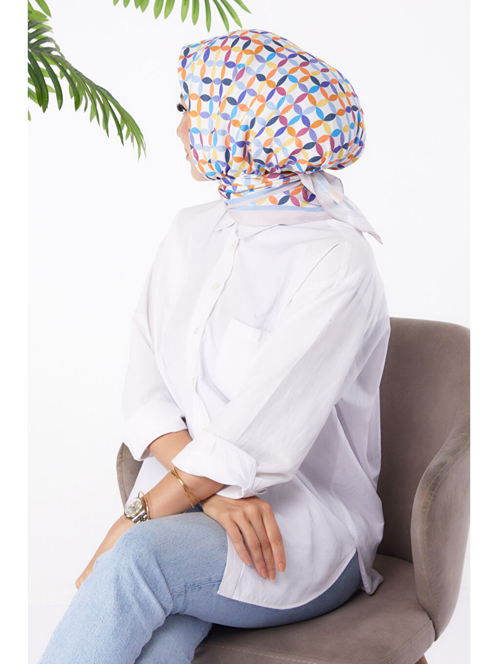 Pembe Desenli Eşarp Pudra - 26155-2