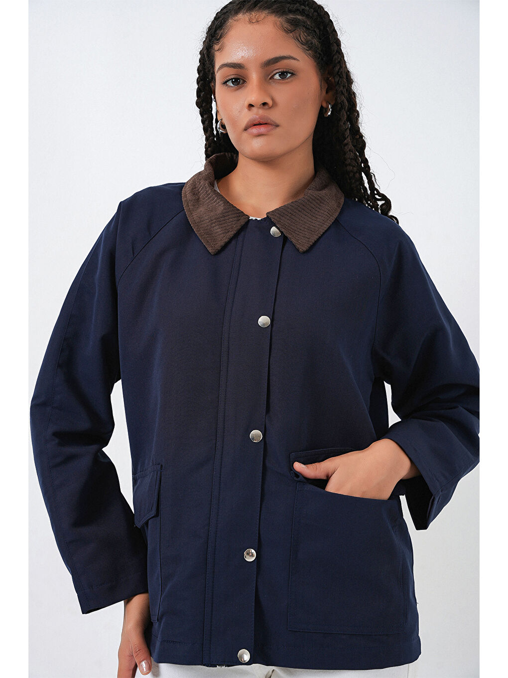 Kadın Cep Detaylı Oversize Ceket 5973 - Lacivert-2