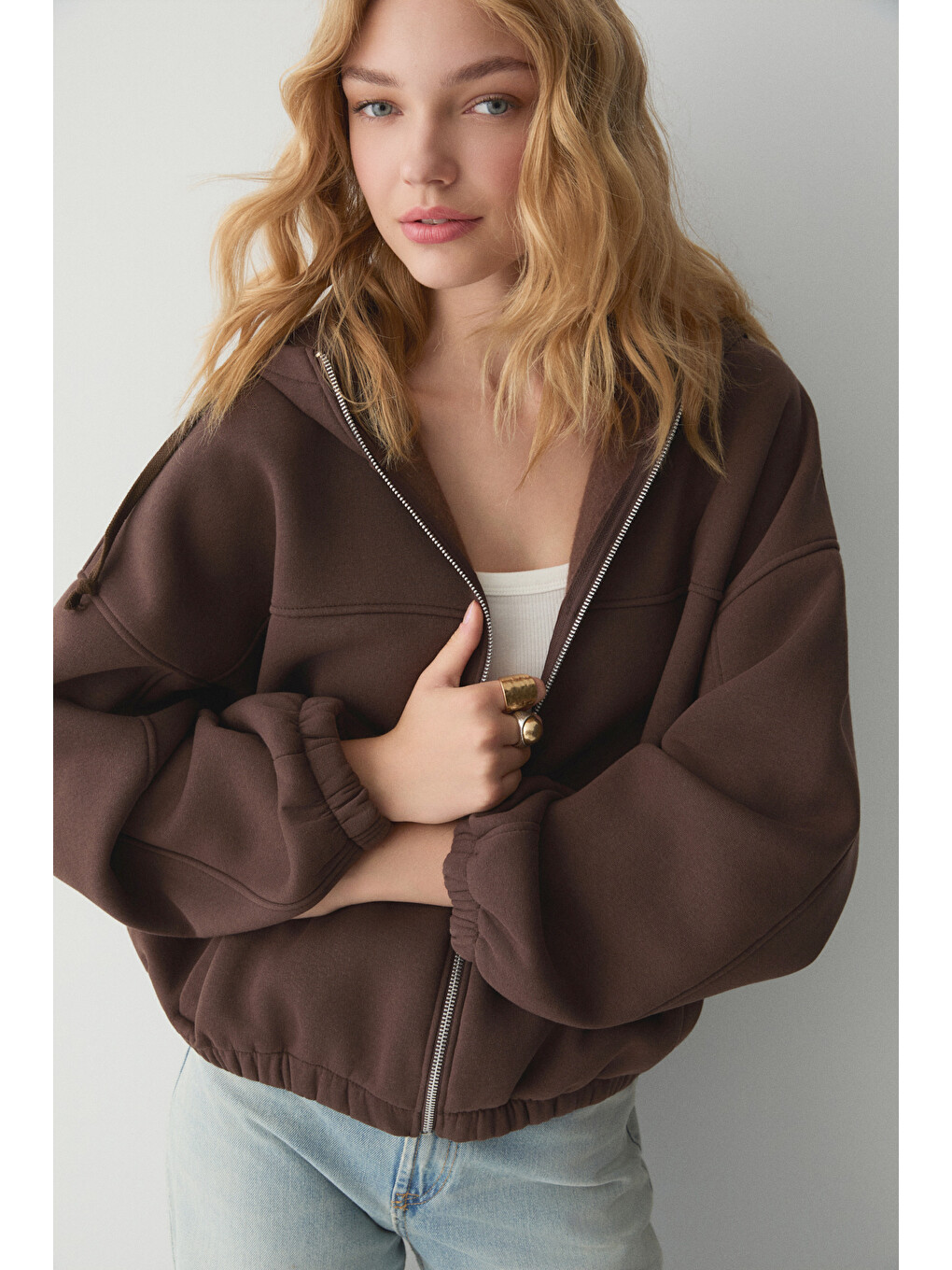 Valıt Kadın Çift Cepli Eteği Ve Kol Ucu Lastikli Fermuarlı Oversize Kahverengi Sweatshirt-2