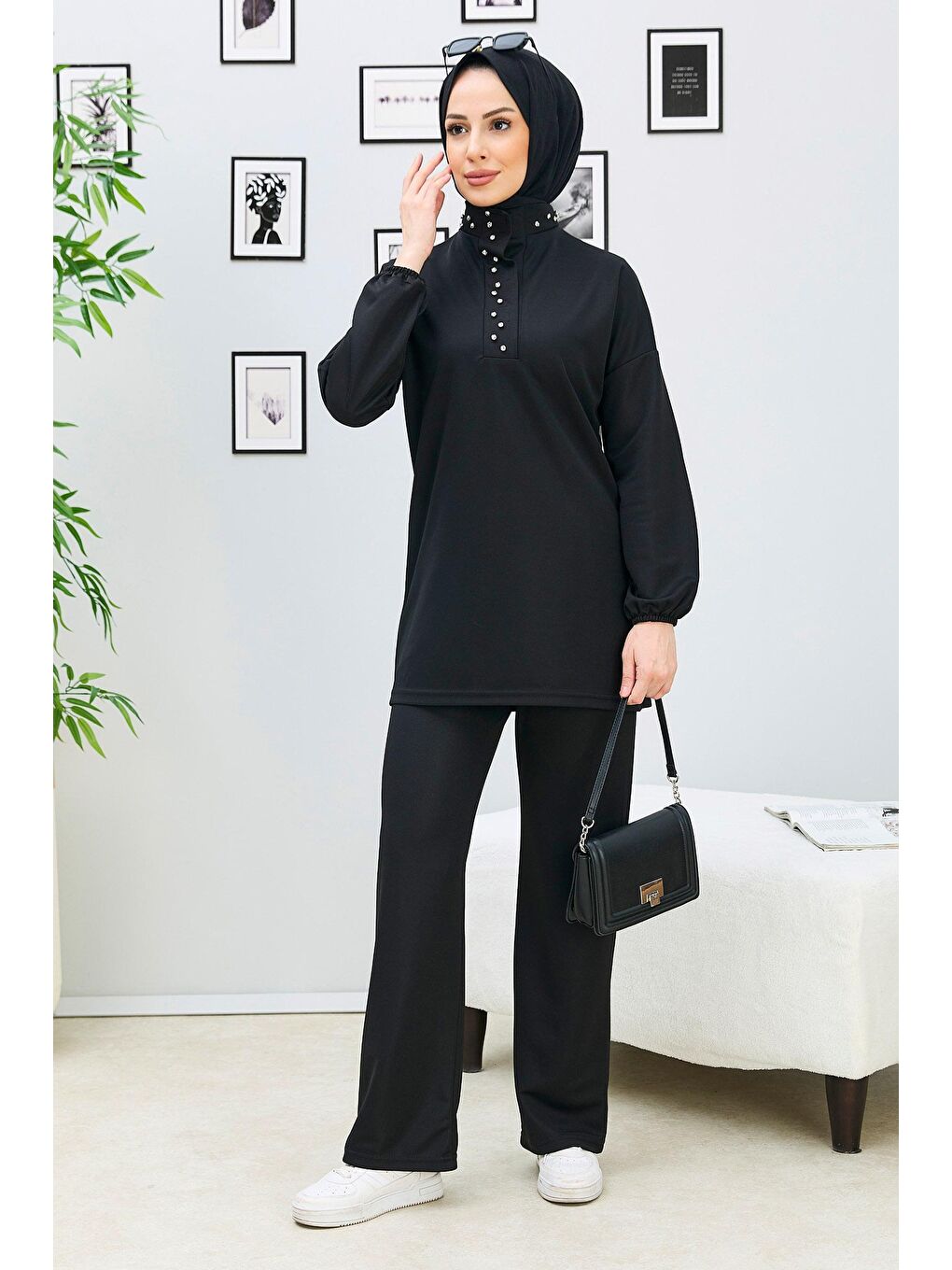 Hakim Yaka Kadın Siyah Tunik+Pantolon - 11338-3