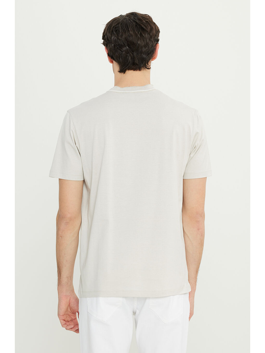 Erkek Bej %100 Pamuk Slim Fit Dar Kesim Bisiklet Yaka Jakarlı Tişört-4