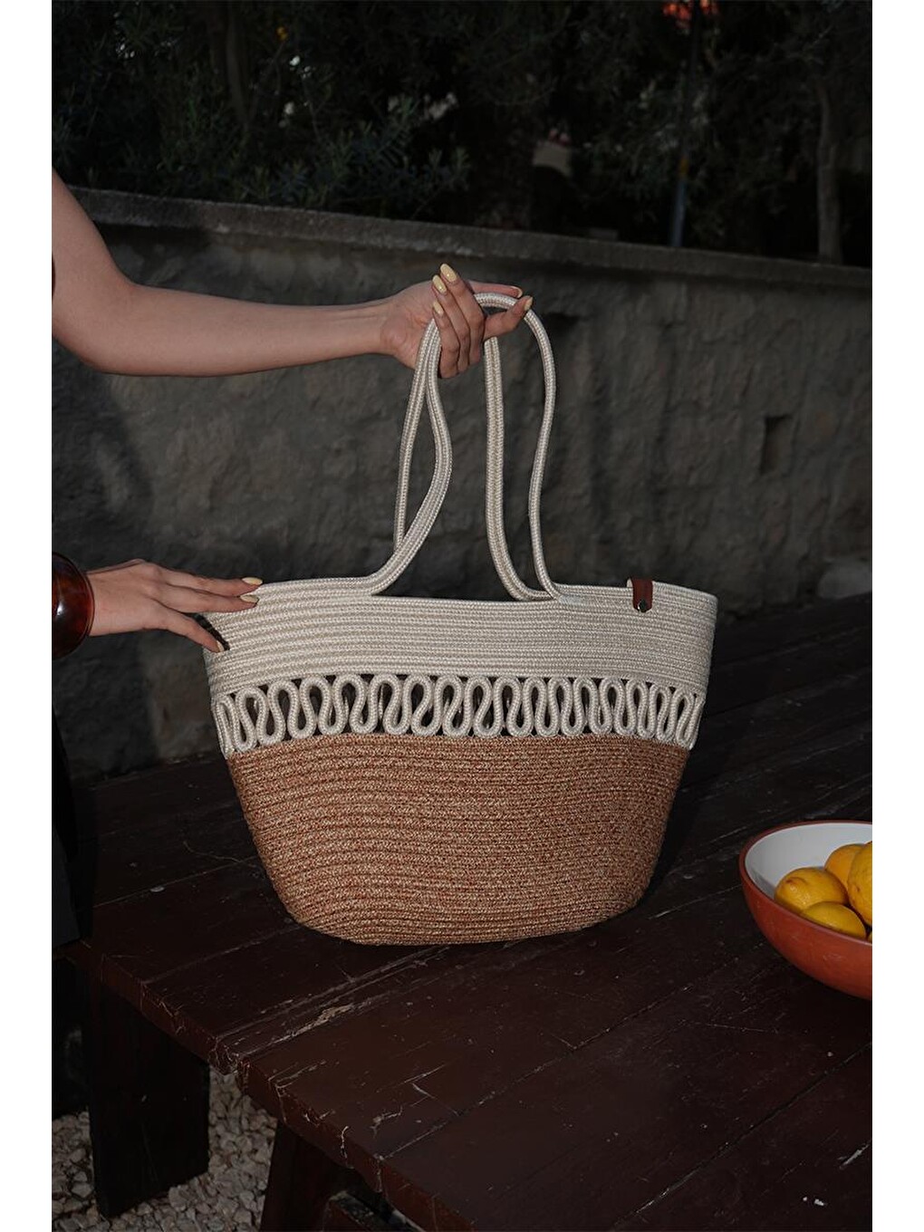 Ekru Miami Handmade Hasır Omuz Çantası Krem-9