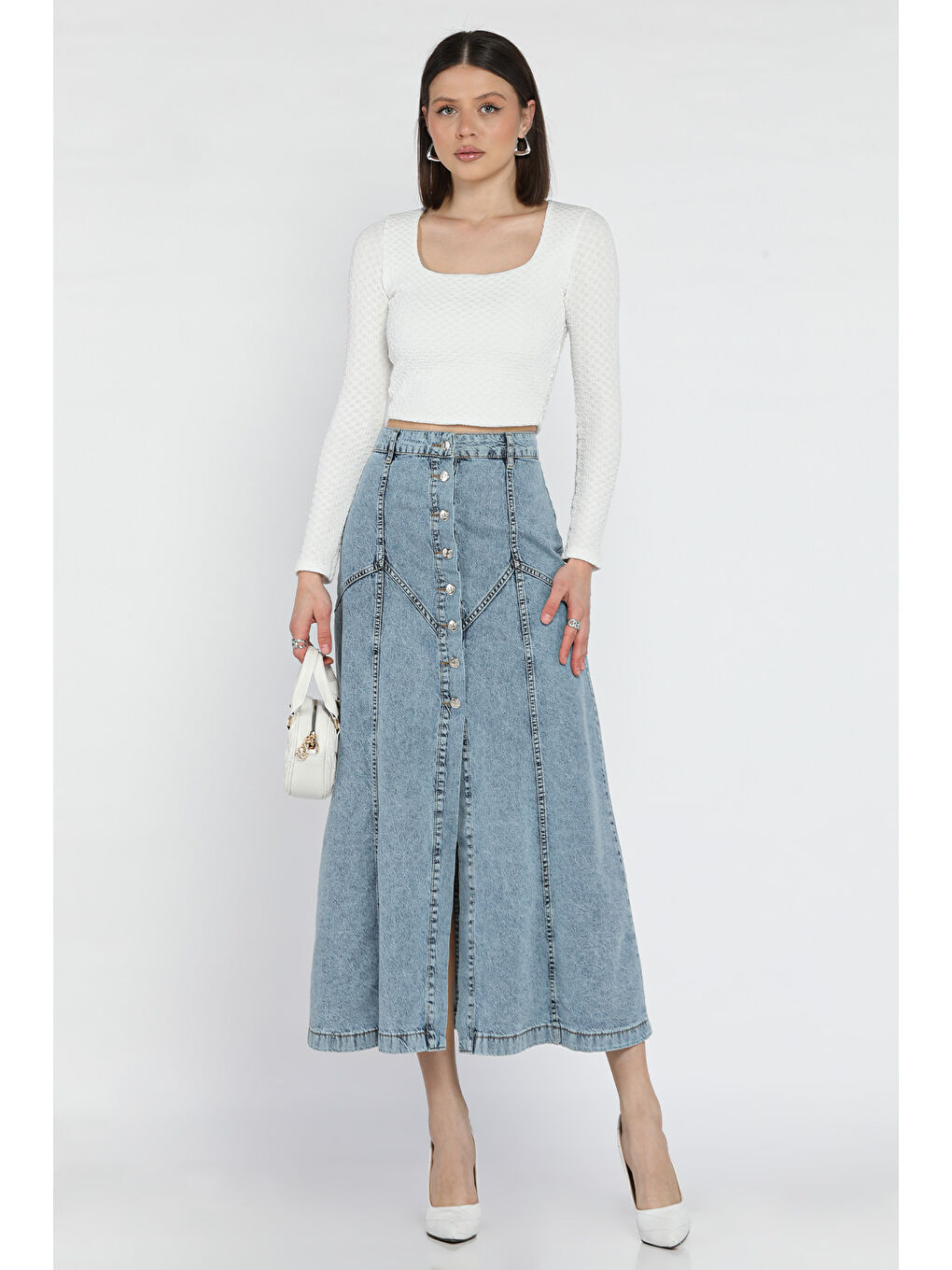 Mavi Kadın Düğmeli Jean Etek