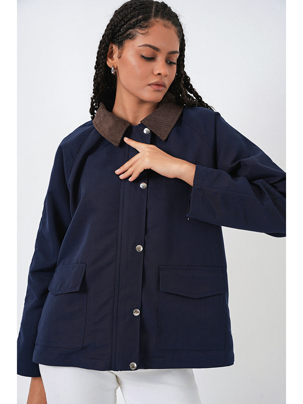 Kadın Cep Detaylı Oversize Ceket 5973 - Lacivert-3