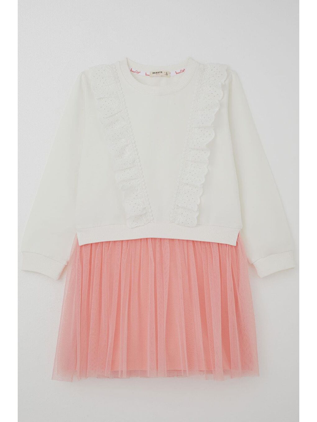 Kız Çocuk Uzun Kollu Elbise Nakış Güpürlü Tüllü Ekru (3-8 Yaş)