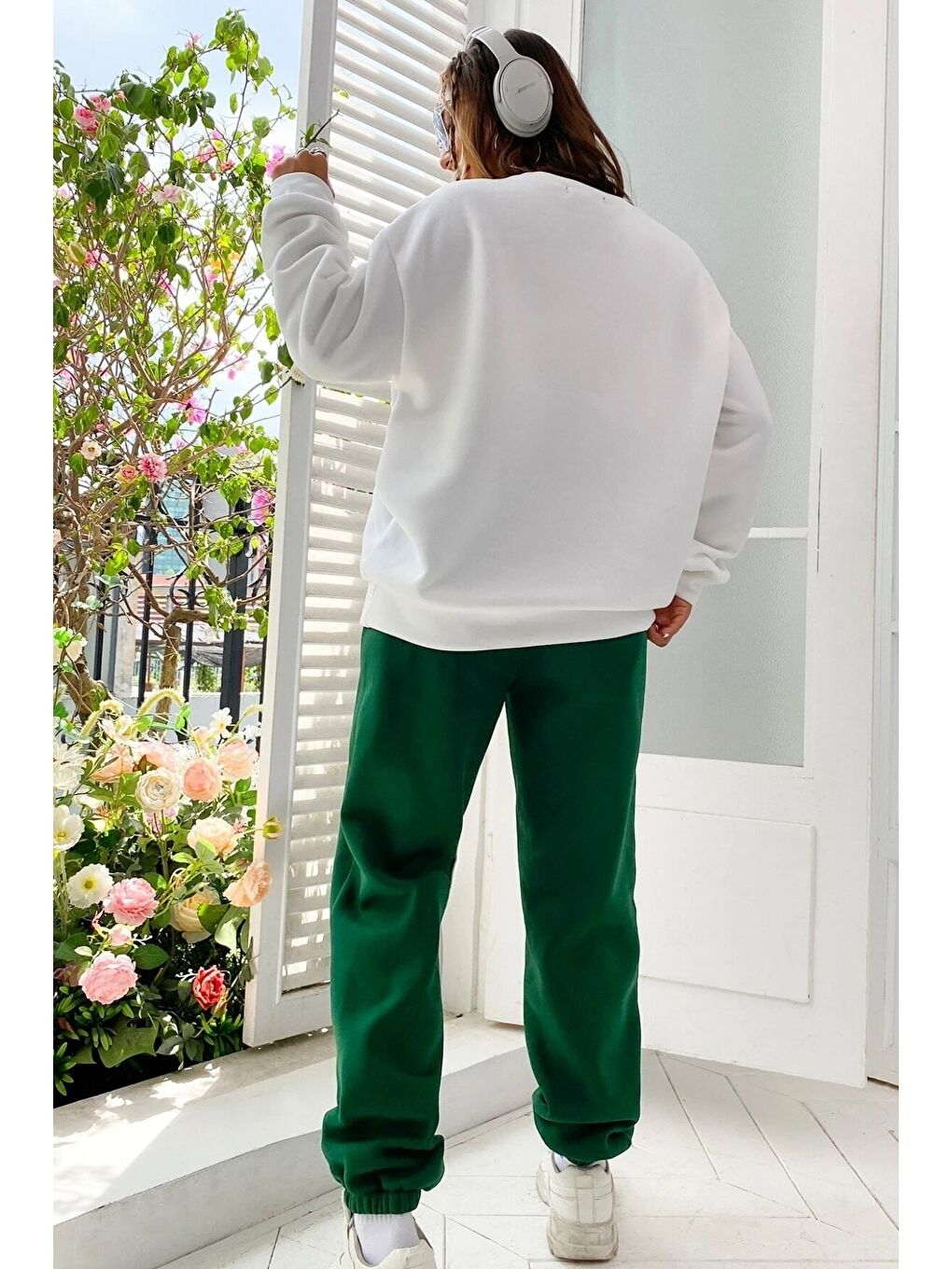 Unisex Yeşil Beyaz Bisiklet Yaka Brooklyn Baskılı Alt-Üst Eşofman Takımı-2