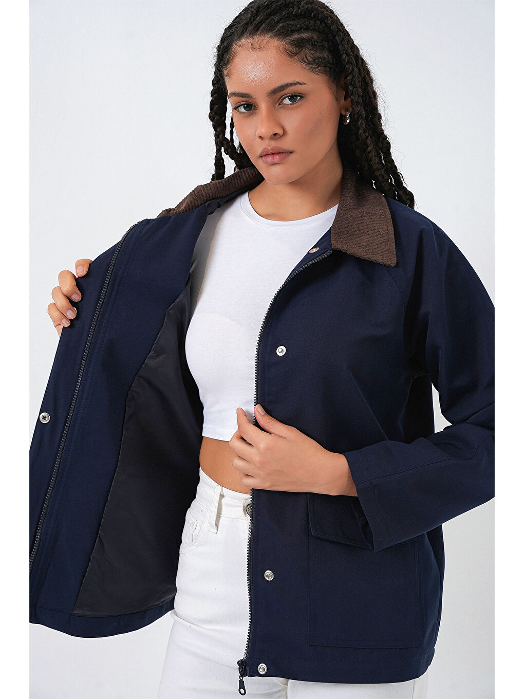 Kadın Cep Detaylı Oversize Ceket 5973 - Lacivert-4