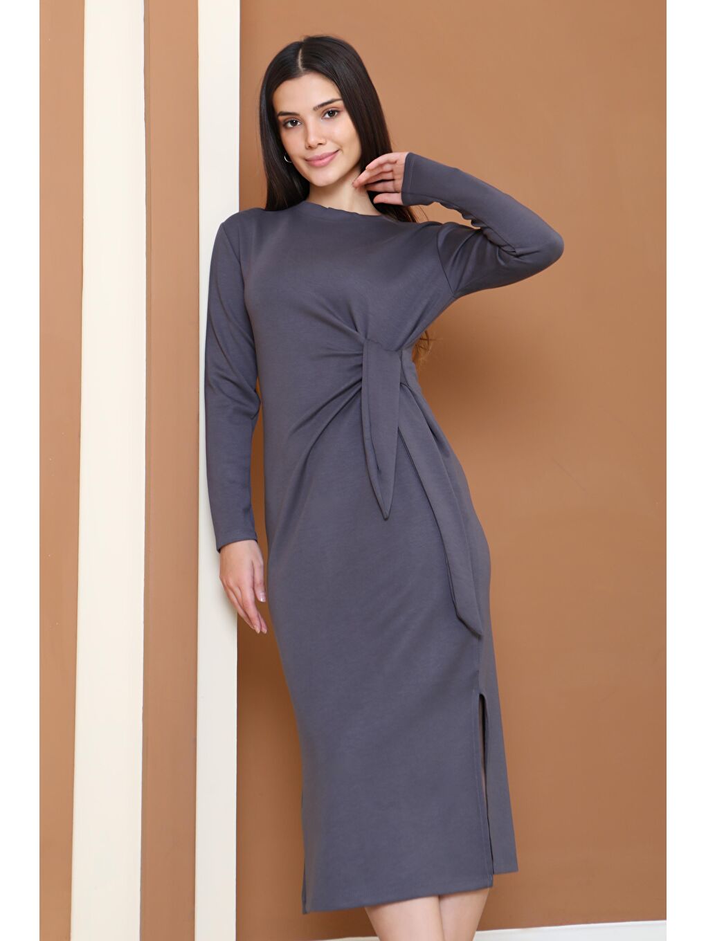 Gri Yandan Bağlama Detaylı Modal Elbise Füme - 27880-FUME-2