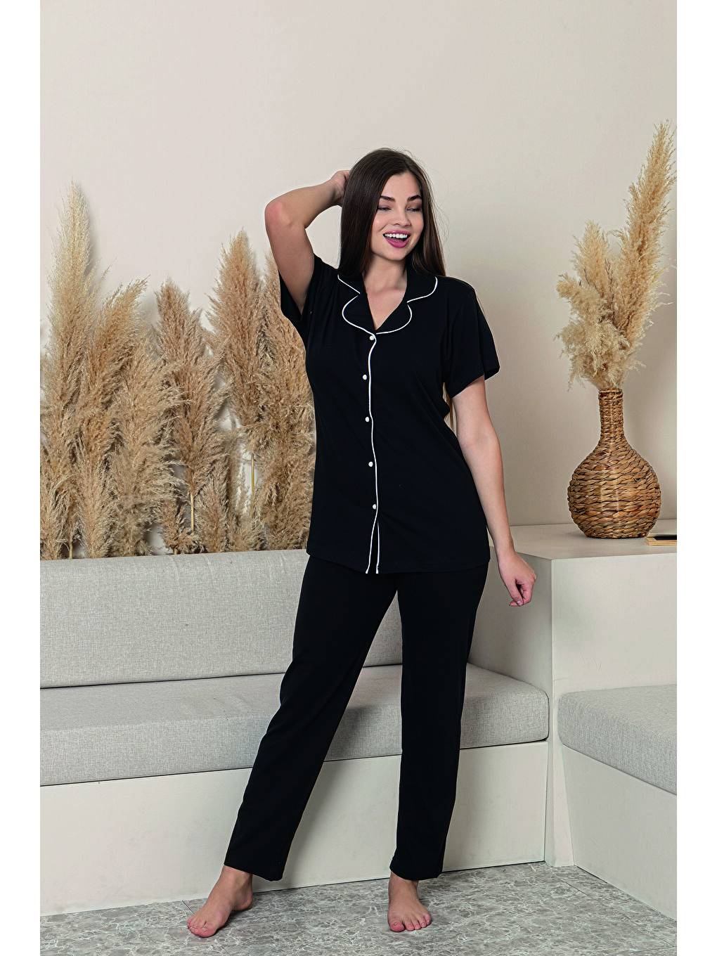 Siyah Kadın %100 Organik Pamuk Doğal Gömlek Yaka Düğmeli Kısa Kollu Biyeli Pijama Takımı-2