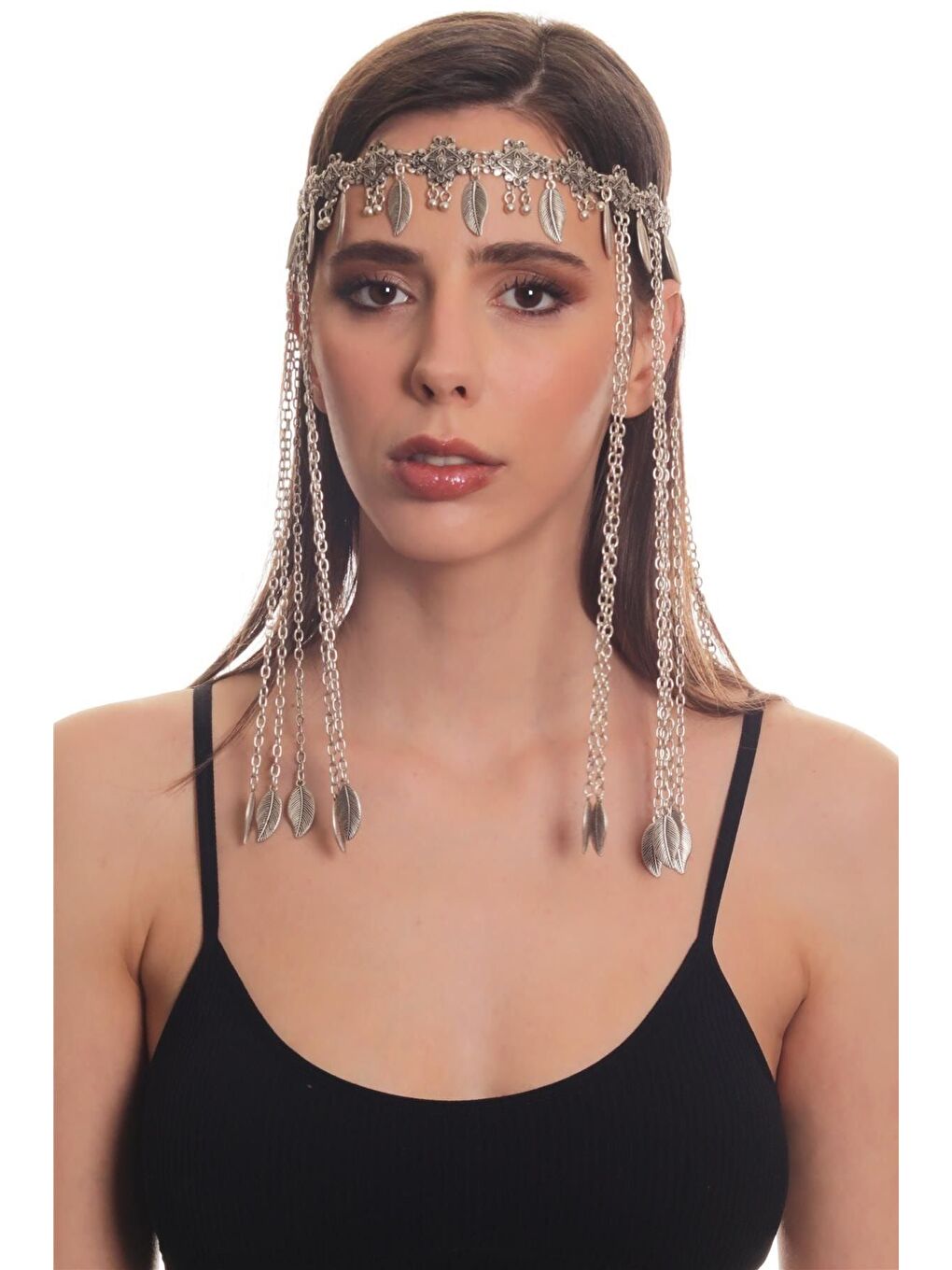 Gri Kadın Antik Gümüş Kaplama Zincirli Yaprak Charm Detaylı Tasarım Saç Zinciri-1