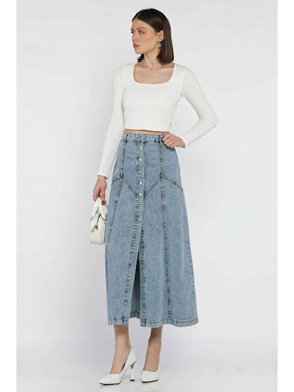Mavi Kadın Düğmeli Jean Etek-1