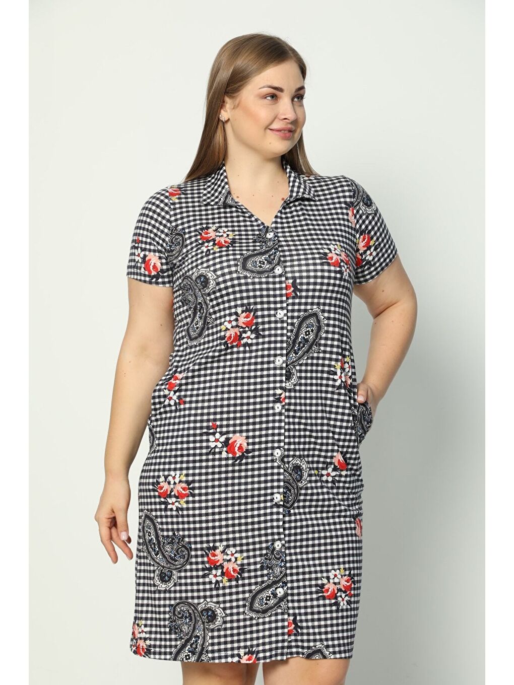 Beyaz Kadın Kısa Kollu Desenli Düğmeli Cepli Büyük Beden Penye Modal Elbise